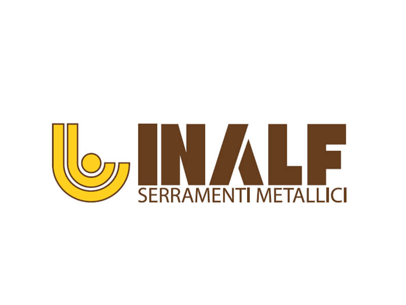Logo Inalf Serramenti Metallici, caratteri marroni e simbolo giallo.