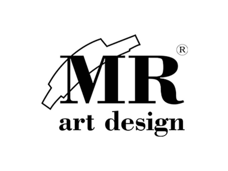 Logo MR art design in bianco e nero, con "R" registrata.