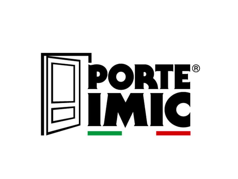 Logo "PORTE IMIC" con porta stilizzata e bandiera italiana.