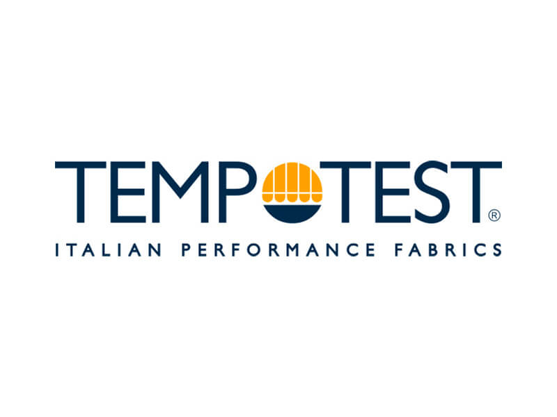 Logo Tempotest: "TEMPOTEST ITALIAN PERFORMANCE FABRICS" con sole giallo e blu.