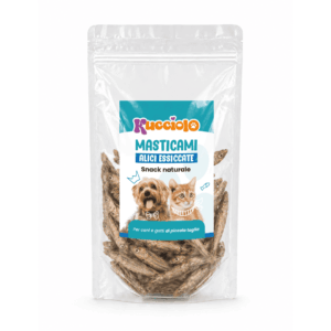 Confezione trasparente di Masticami, alici essiccate Kucciolo, snack naturale per cani e gatti.
