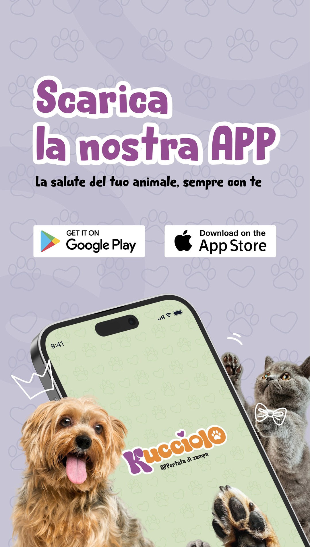 Locandina promozionale con un cane, un gatto e uno smartphone per un'app di salute animale.