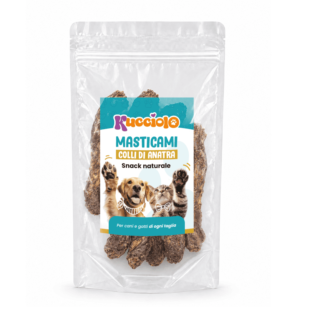 Busta di snack naturali per cani e gatti con colli di anatra.
