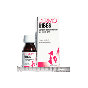 Flacone Dermo Ribes con siringa dosatrice, mangime complementare per cani e gatti.