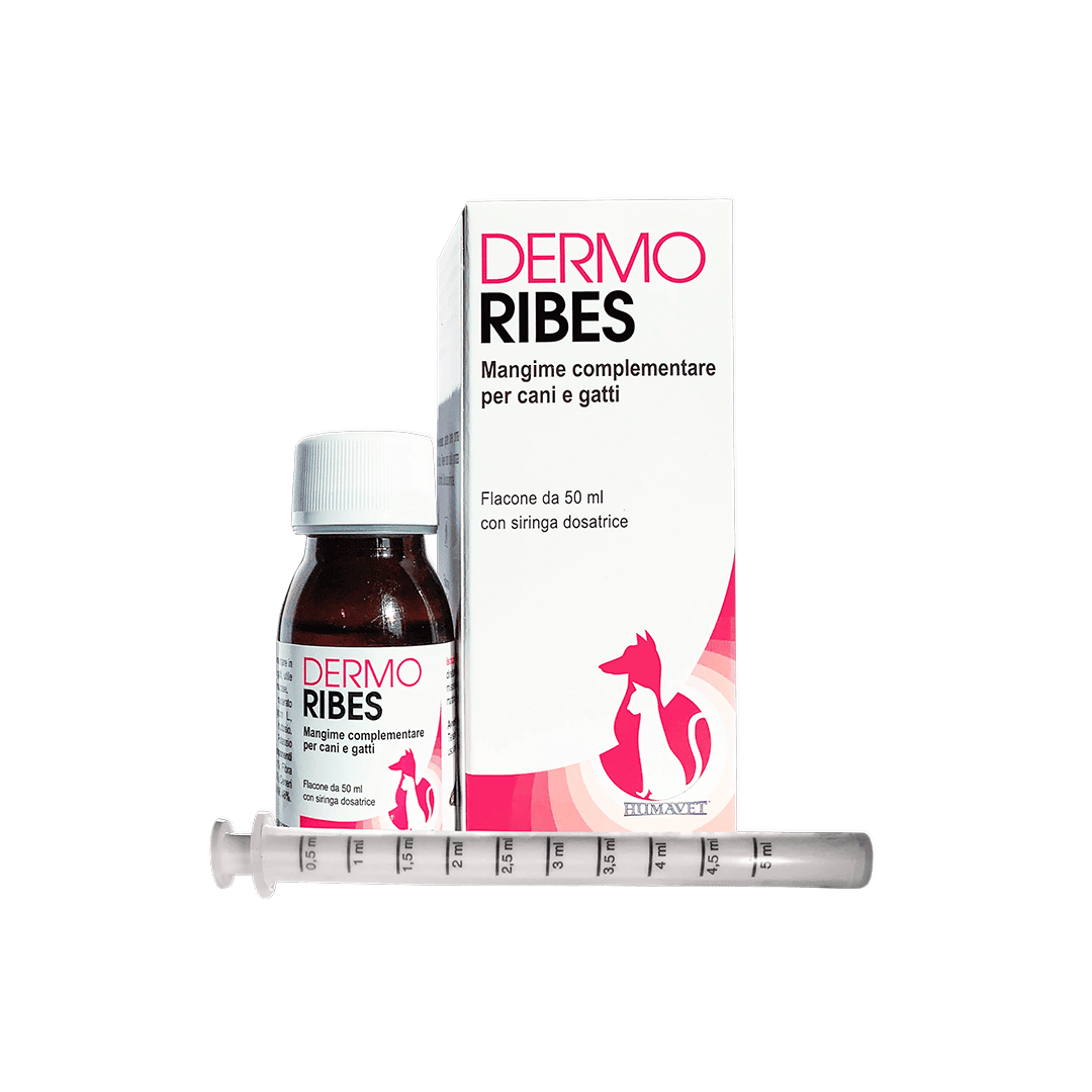 Flacone Dermo Ribes con siringa dosatrice, mangime complementare per cani e gatti.