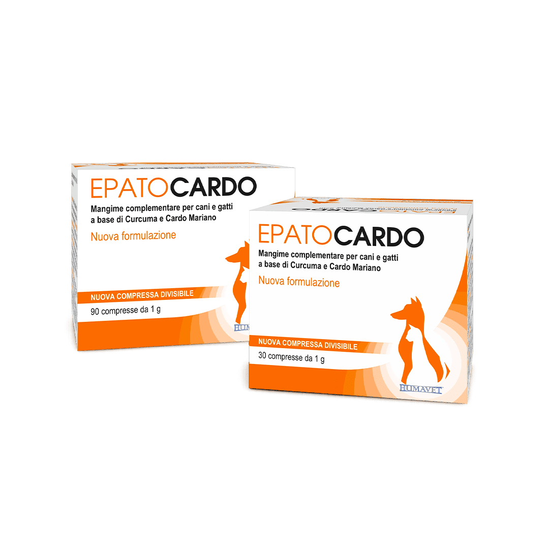 Due confezioni di EpatoCardo, integratore per animali, su sfondo nero.