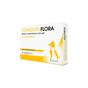 Confezione bianca e gialla di FermentinFlora, mangime complementare per cani e gatti.
