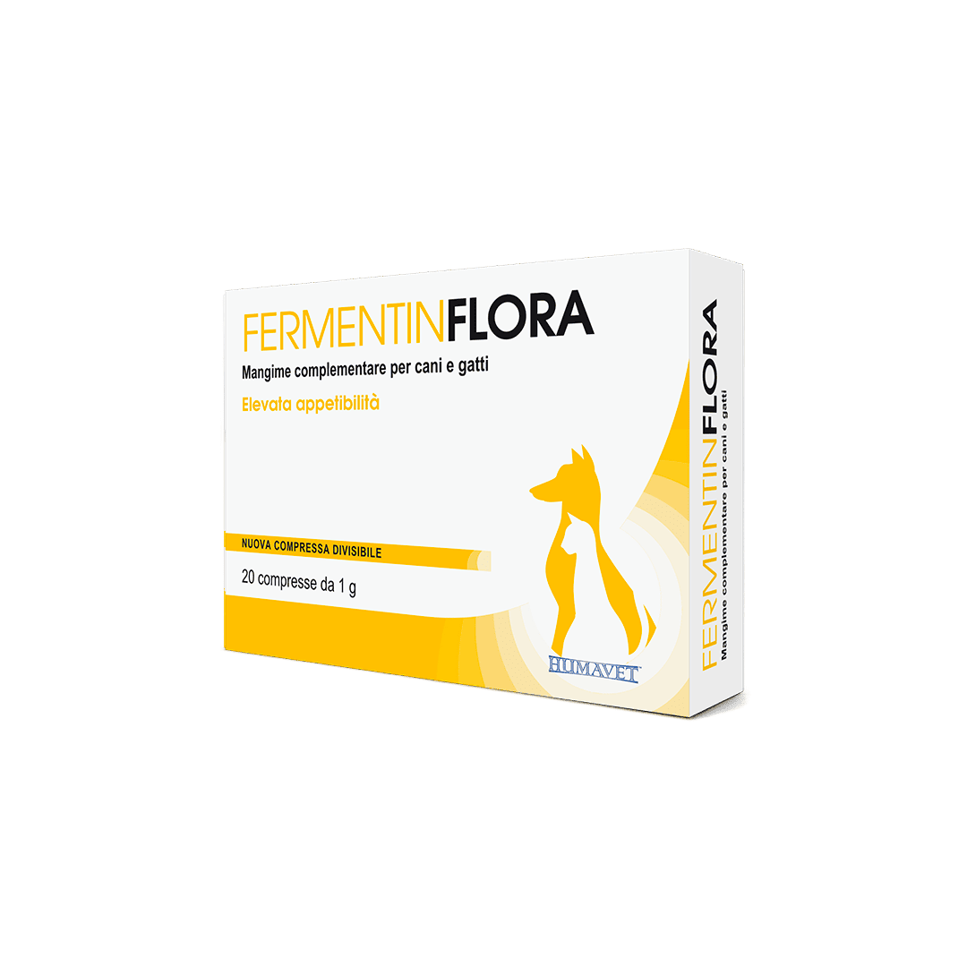 Confezione bianca e gialla di FermentinFlora, mangime complementare per cani e gatti.