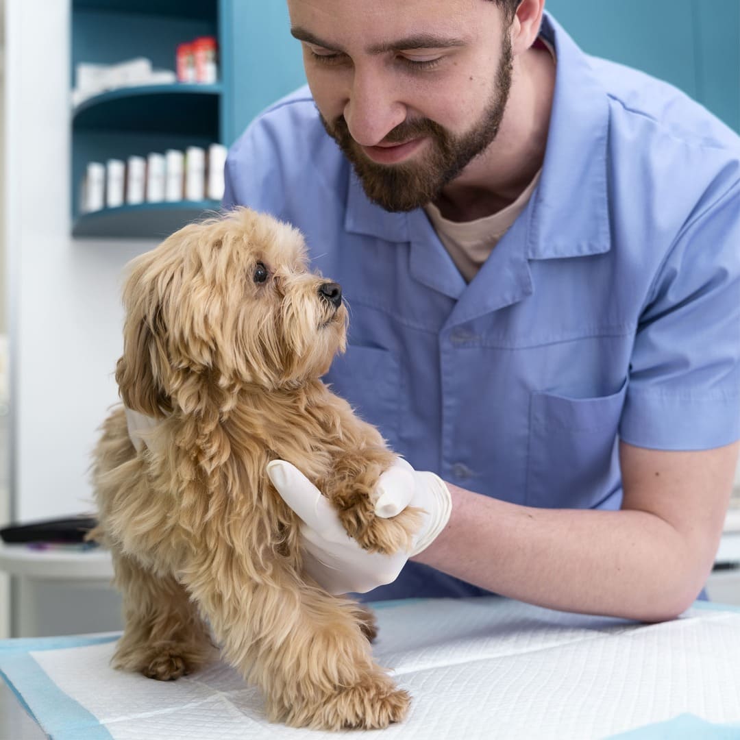 Veterinario barbuto in camice blu che accarezza un cucciolo biondo su un tavolo.