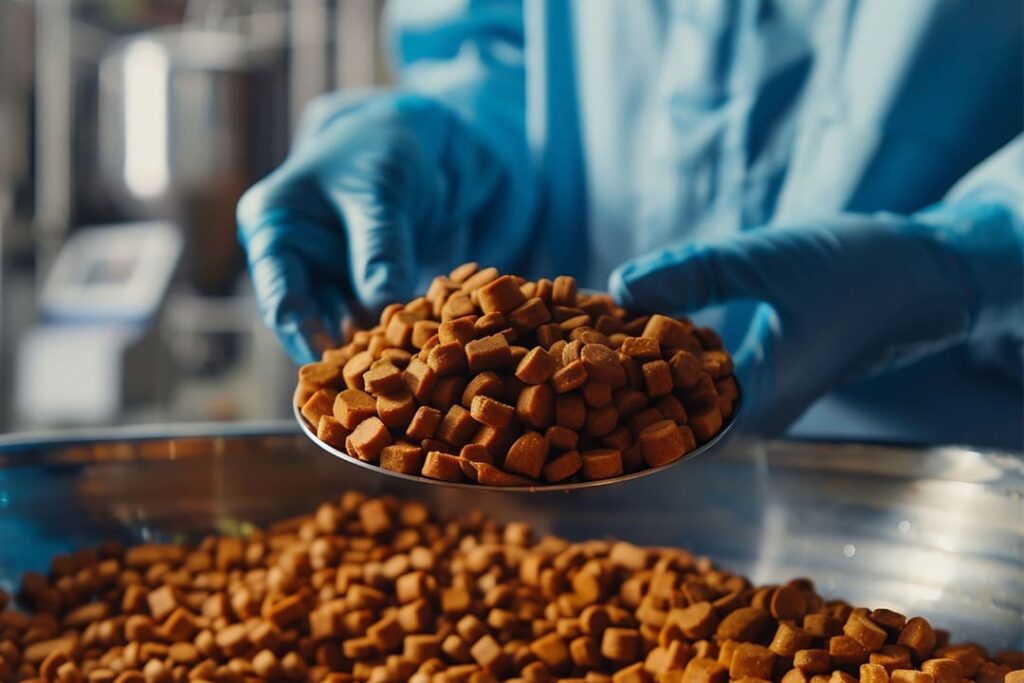 Mani guantate tengono un misurino di crocchette per animali sopra un contenitore più grande.