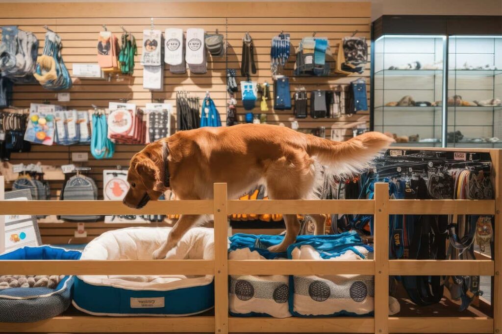 Un golden retriever cammina su una struttura di legno in un negozio di animali.