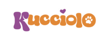 Logo "Cucciolo" in viola e arancione, con cuore e zampa di cane.