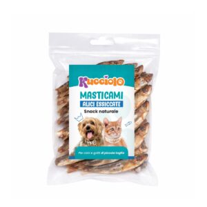 Confezione di alici essiccate Kucciolo Masticami, snack naturale per cani e gatti di piccola taglia.