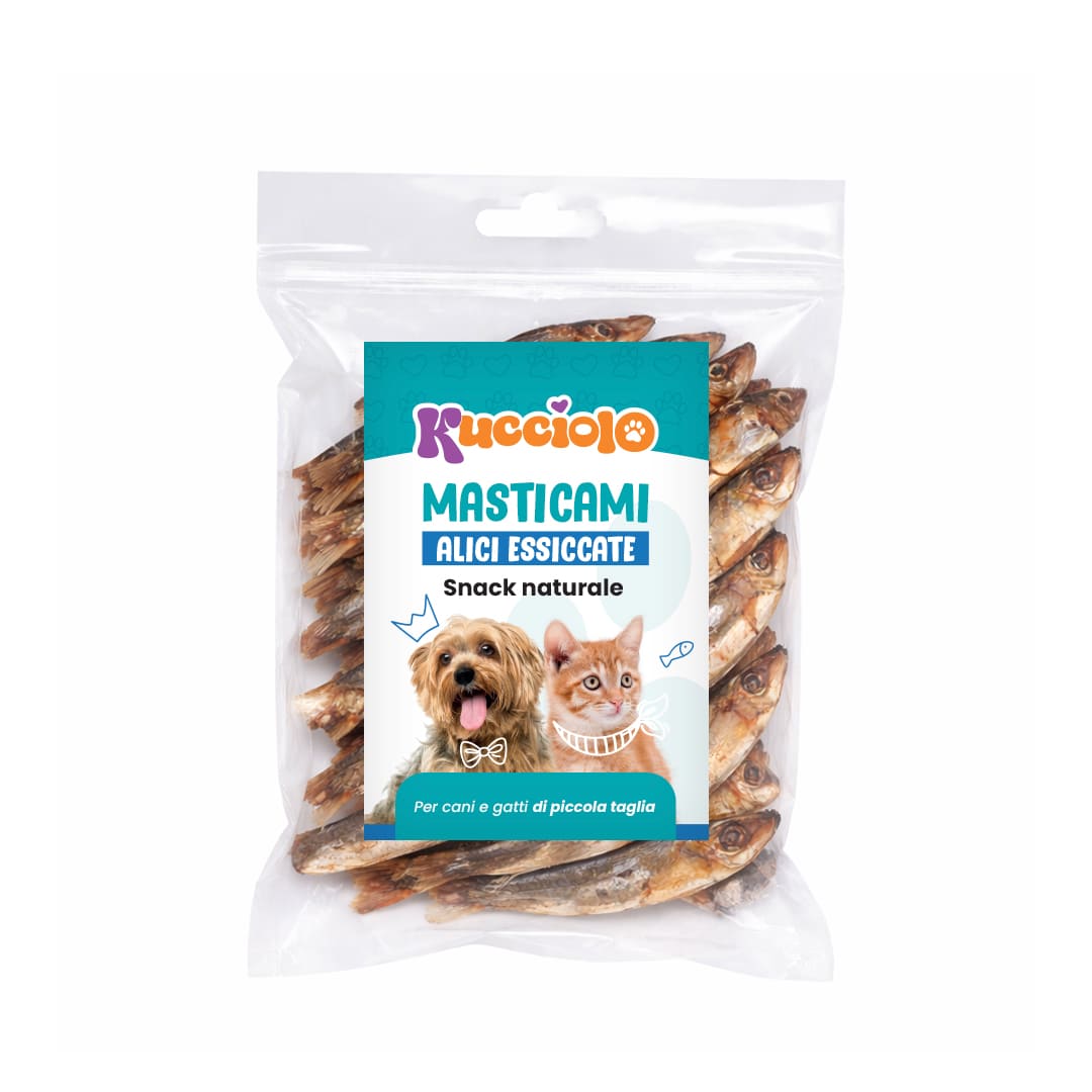 Confezione di alici essiccate Kucciolo Masticami, snack naturale per cani e gatti di piccola taglia.