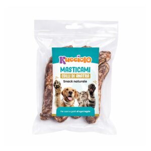 Busta trasparente di "Masticami Colli di Anatra - Snack naturale" per cani e gatti.