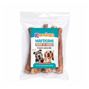Confezione di "Kucciolo Masticami Nervo di Manzo", snack naturale per cani con dentatura forte.