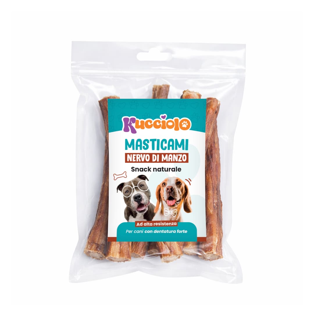 Confezione di "Kucciolo Masticami Nervo di Manzo", snack naturale per cani con dentatura forte.