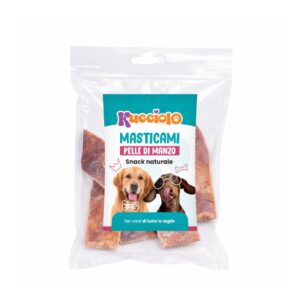 Pacchetto trasparente di masticami in pelle di manzo per cani con etichetta colorata.