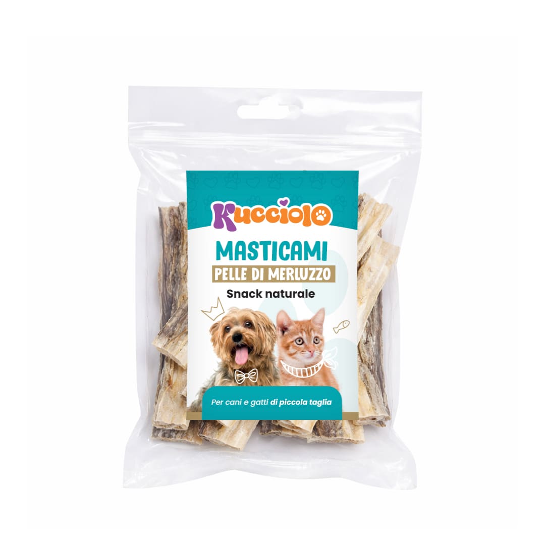 Snack naturale Masticami, pelle di merluzzo per cani e gatti in confezione trasparente.