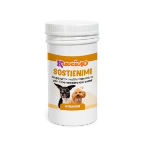 Barattolo bianco con etichetta gialla "Cucciolo Sostienimi", supporto multivitaminico per cani.