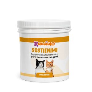 Integratore multivitaminico Kucciolo "Sostienimi" per gatti, con logo arancione e due gatti.