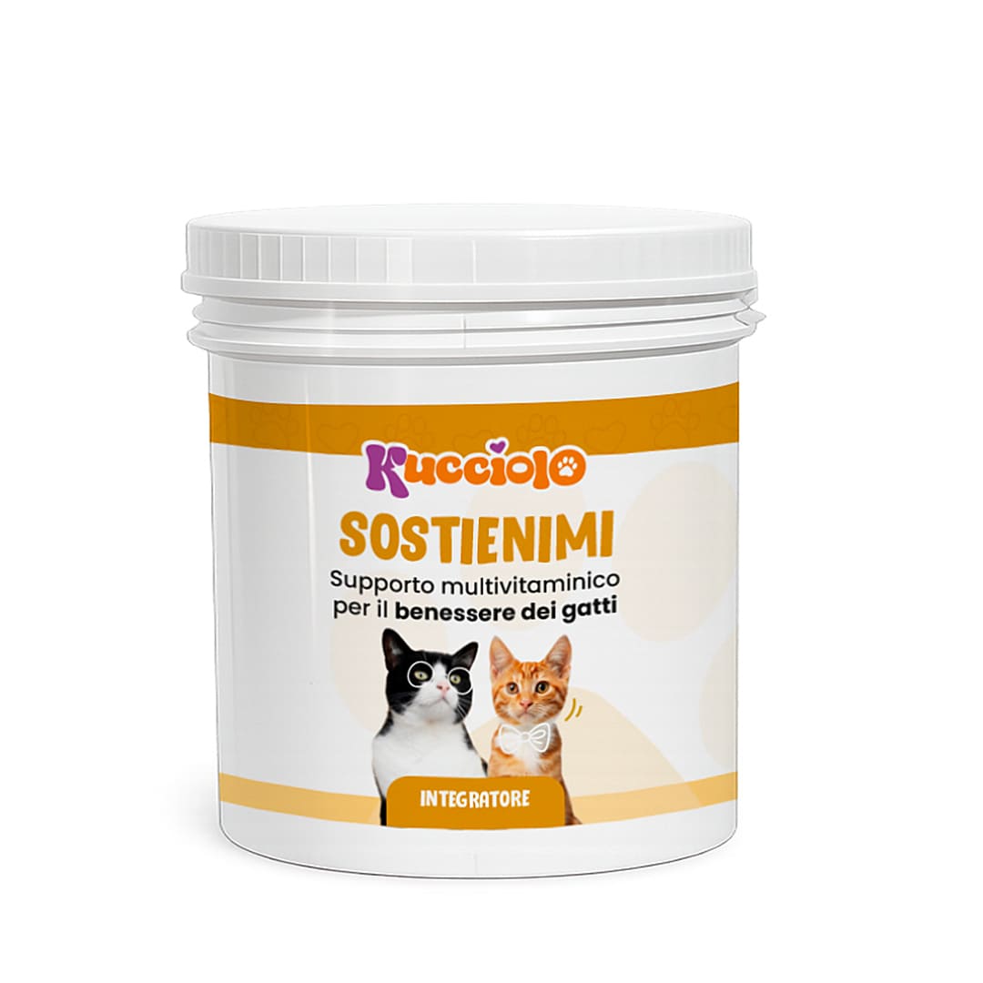 Integratore multivitaminico Kucciolo "Sostienimi" per gatti, con logo arancione e due gatti.