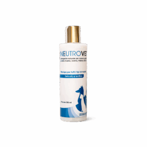 Flacone bianco di shampoo NeutroVet con tappo dorato, su sfondo verde scuro.