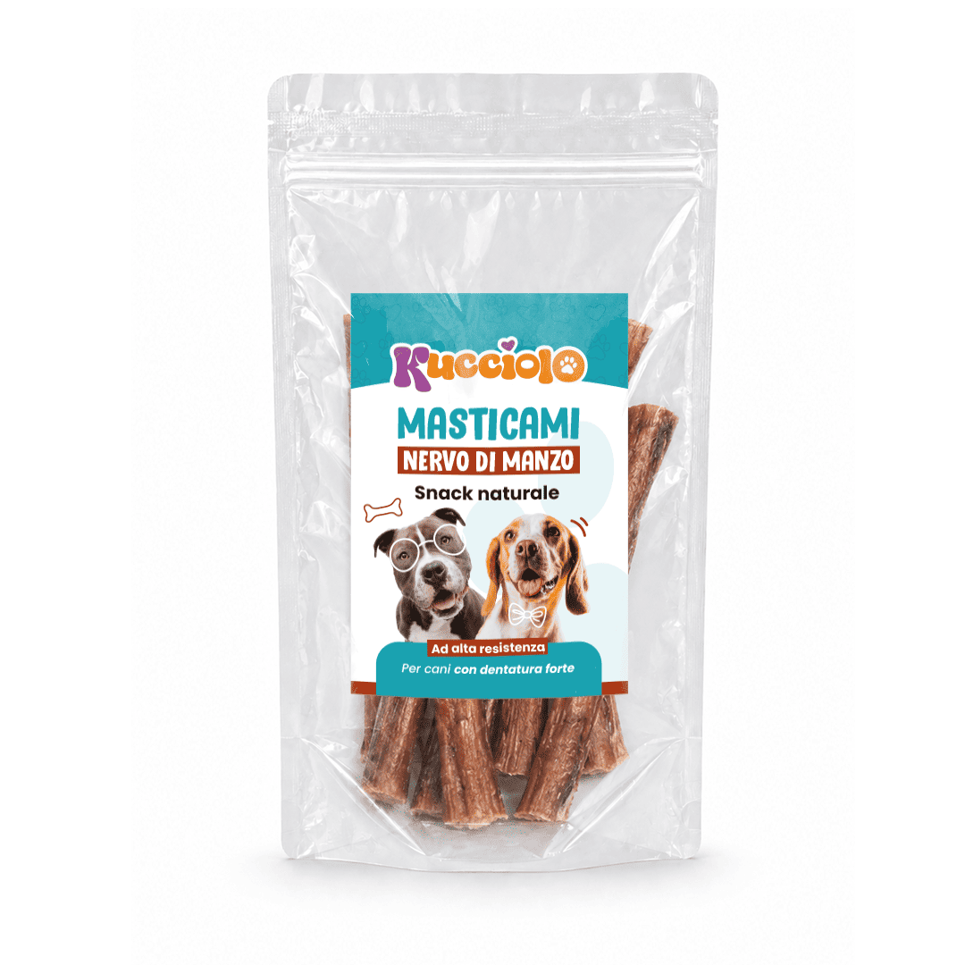 Confezione trasparente di snack naturali Masticami "Nervo di Manzo" per cani, con etichetta colorata.