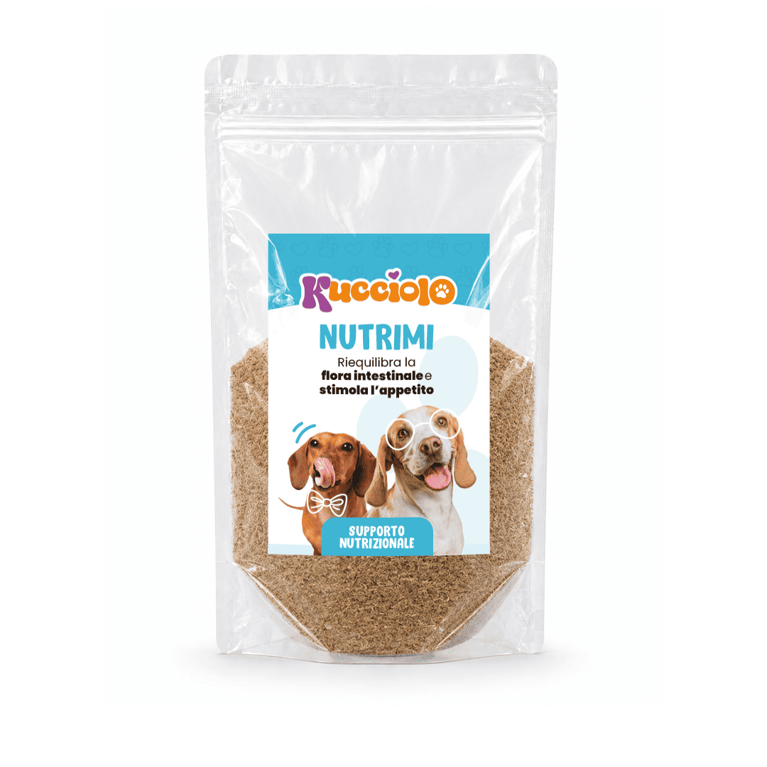 Sacchetto trasparente di Kucciolo Nutrimi, un integratore alimentare per cani con etichetta colorata.