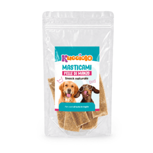 Bustina di snack naturale "Masticami Pelle di Manzo" per cani di tutte le taglie.