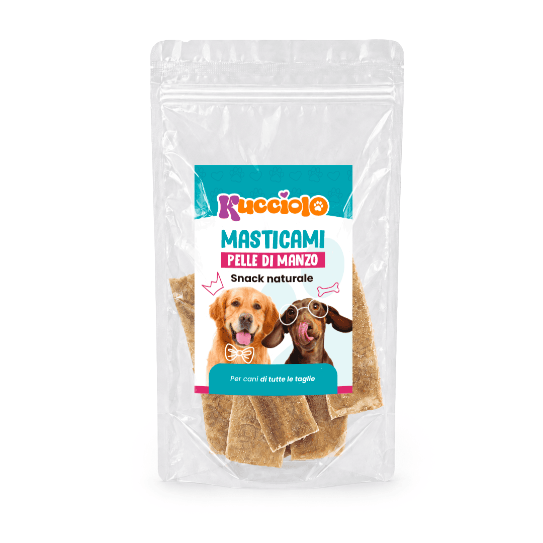 Bustina di snack naturale "Masticami Pelle di Manzo" per cani di tutte le taglie.