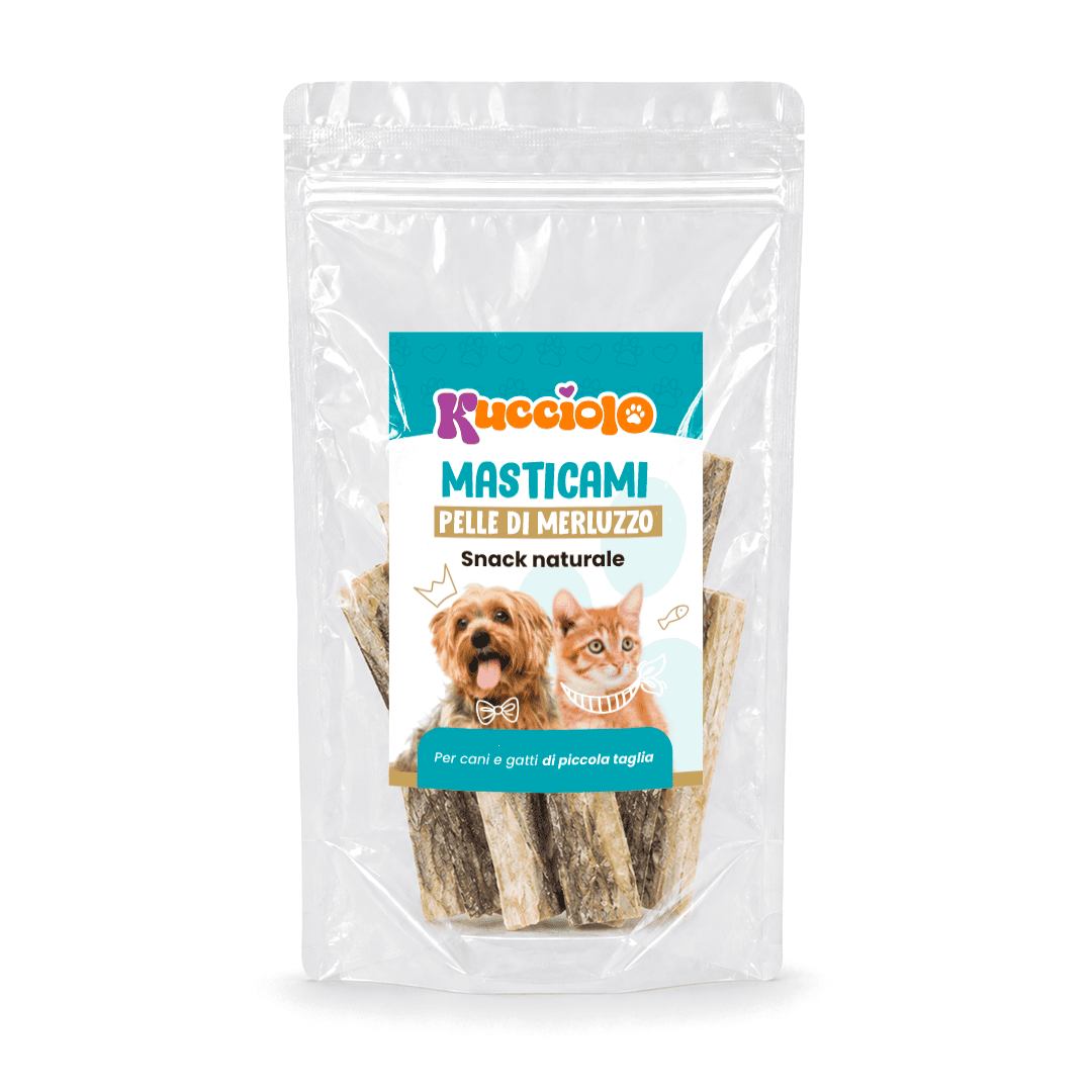 Confezione di "Masticami Pelle di Merluzzo", snack naturale per cani e gatti di piccola taglia.