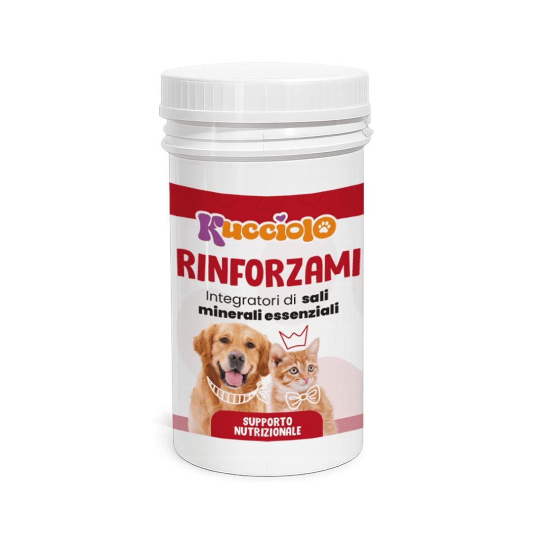 Integratore Kucciolo Rinforzami per cani e gatti, sali minerali essenziali, supporto nutrizionale.