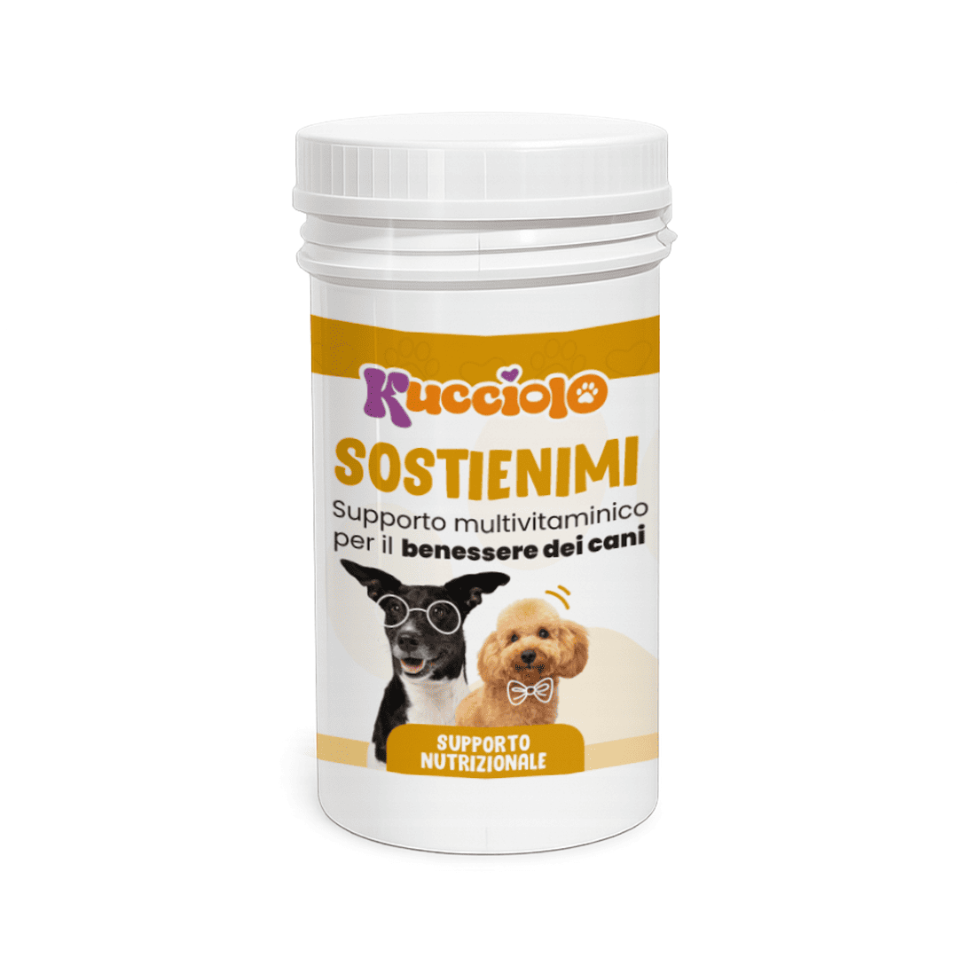 Confezione di Kucciolo Sostienimi, supporto multivitaminico per il benessere dei cani, con due cagnolini.