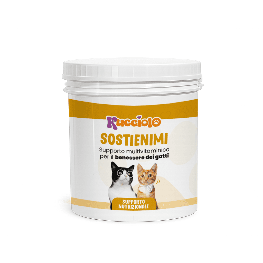 Confezione di "Cucciolo Sostienimi", supporto multivitaminico per gatti, con immagini di gatti.
